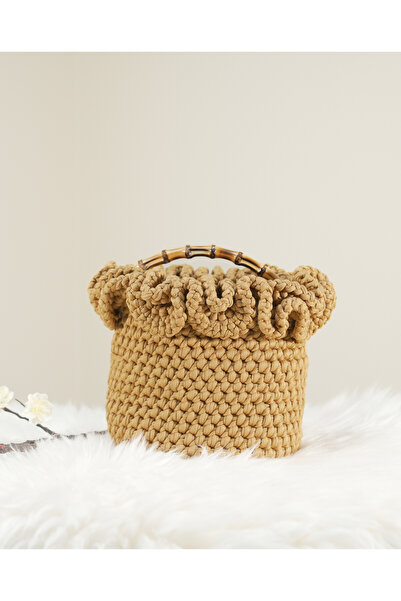 Randsac Brown Crochet Handbag with Ruffled Top and Bamboo Handle