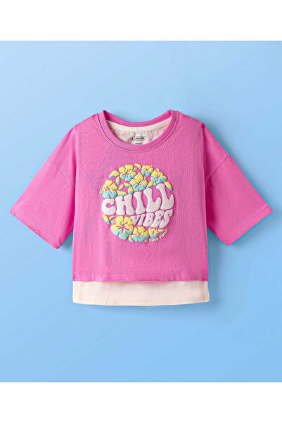 Pine kids تي شيرت باين كيدز من القطن المحبوك بأكمام نصف منسدلة على الكتف مع ت...