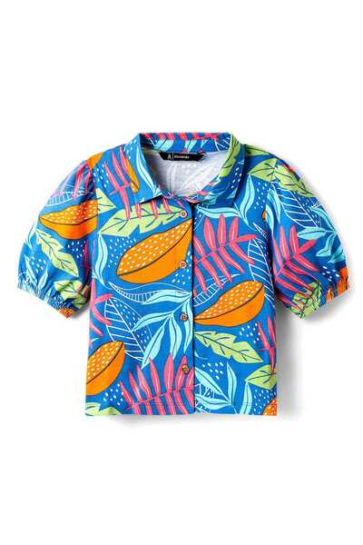 Pine kids بلوزة باين كيدز من القطن المحبوك بأكمام منتفخة وطبعة استوائية - أزرق