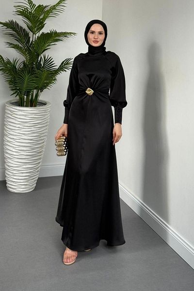 MERVEN AKYÜZ Reneta Mobile Buckle Satin Evening Dress Black