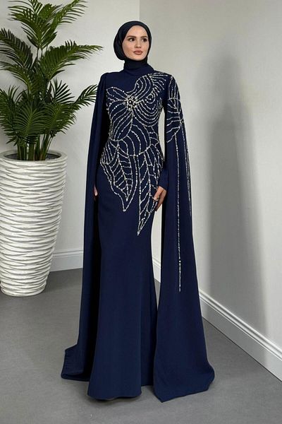 MERVEN AKYÜZ Mery Stoned Cape Evening Dress Navy Blue