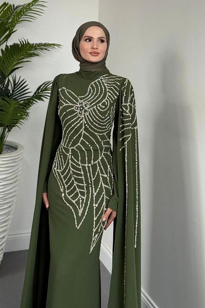 MERVEN AKYÜZ Mery Stoned Cape Evening Dress Khaki