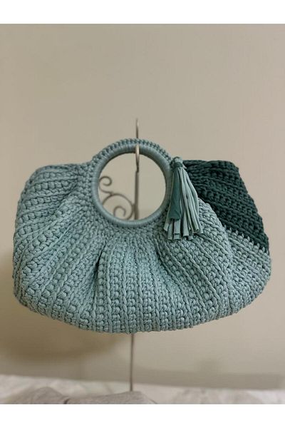 Randsac Two-Tone Teal Round Crochet Handbag – Circular Handle with Tassel Accent