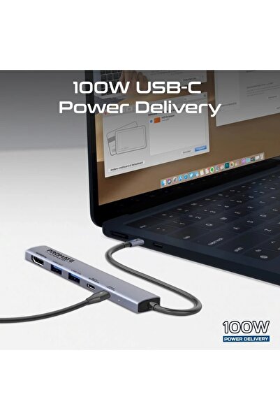 Promate موزع USB-C عالي السرعة متعدد الوظائف بدقة 4K@60Hz مع توصيل طاقة 100 واط