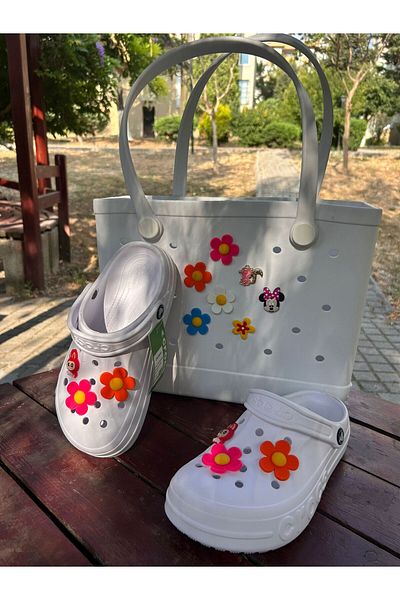 Madam Kifi 3-Piece Croslite Plastic Beach Bag Including Slippers and Charm Ornaments White