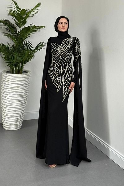 MERVEN AKYÜZ Mery Stoned Cape Evening Dress Black
