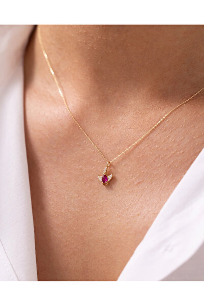 Zeyd Jewelry Kırmızı Melek Taşlı Minimal 14 Ayar Altın Kolye