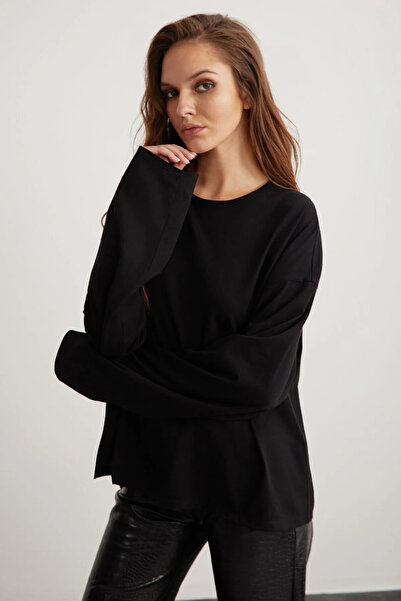 dgs look Basic Kadın %100 Pamuk Bisiklet Yaka Oversize Fit Uzun Kollu Siyah T...