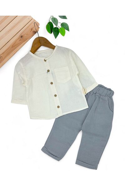 VOY KİDS Baby Boy Stylish 2-3-4-5-6 Years Old 100% Organic Cotton Children's Set with Muslin Shirt and Trousers