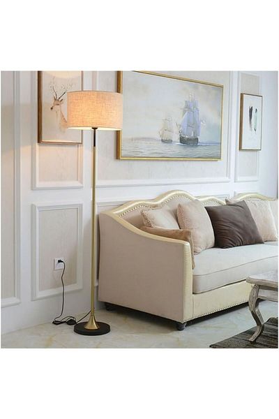 ETRONIK Modern Standing Floor Lamp with Fabric Lampshade – Tall Iron Pole Light for Living Room, Bedroom
