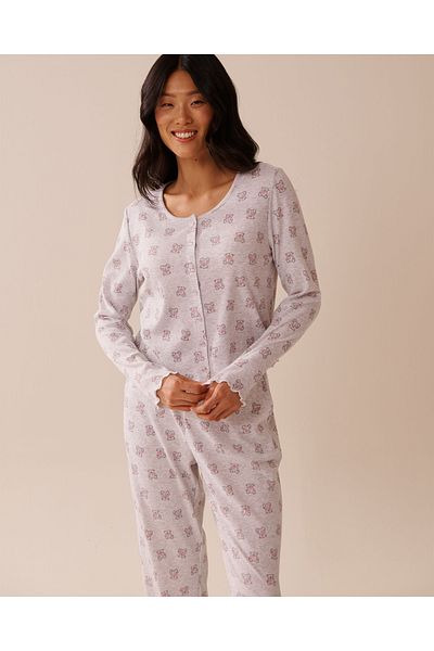 La Vie en Rose Teddy Bear Print Ribbed Long Sleeve Shirt