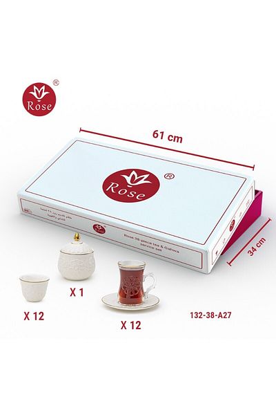 Rose CR-132-طقم تقديم 38 قطعة للشاي والقهوة بنقشة إسلامية مميزة روز