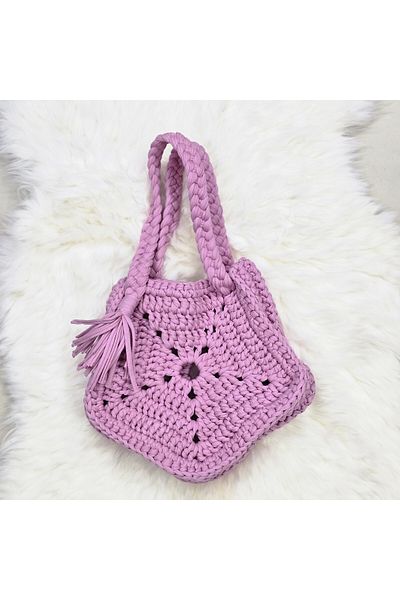 Randsac Lilac Flower-Shaped Crochet Bag with Braided Straps and Tassel