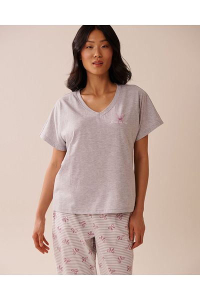 La Vie en Rose Bow Print Cotton V-neck T-shirt