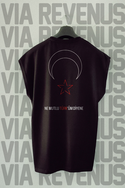 Vordevia Ne Mutlu Türküm Diyene Sırt Baskılı Sıfır Kollu Bisiklet Yaka Spor Tshirt