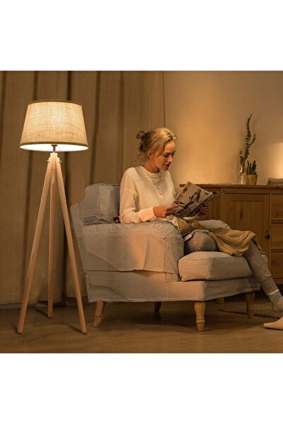 ETRONIK Wooden Tripod LED Floor Lamp 3000K Warm White Classic Reading Light for Living Room