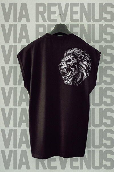 Vordevia Tricou sport cu mâneci zero cu imprimeu pe spate cu craniu de leu