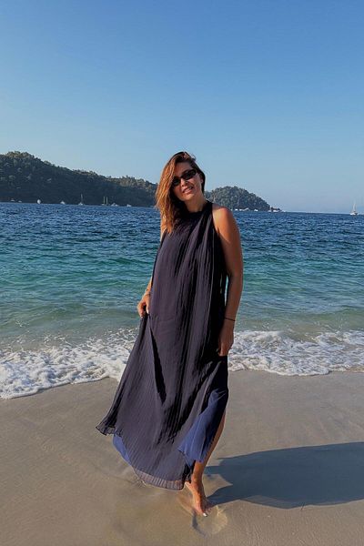 ELVAN TOLON Navy Blue Pleated Chiffon Dress