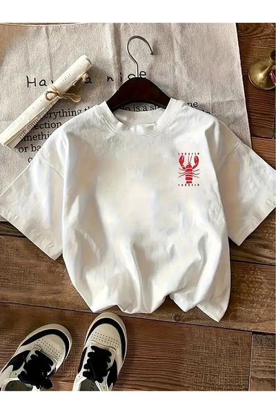 aynewmoda Boys' Lobster Print T-Shirt for Girls with Short Sleeves, Round Neck, Back Print, Stamped Edge