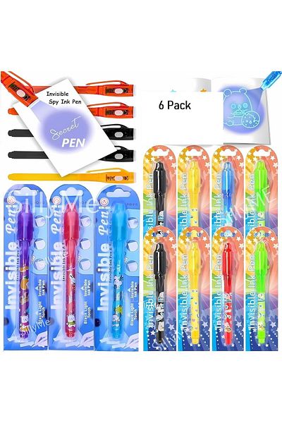 Generic Invisible Ink Spy Pens with Light, Set of 6, Multicolor Secret Message Writing Kit for Kids