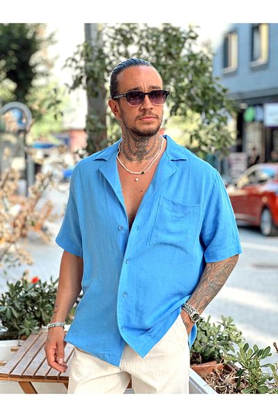 manch collection Single Pocket Short Sleeve Oversize Linen Shirt Sax