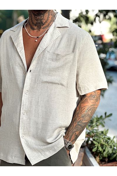 manch collection Single Pocket Short Sleeve Oversize Linen Shirt Cream