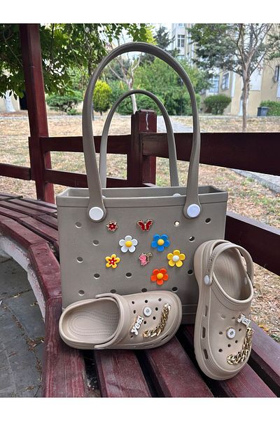 Madam Kifi 3-Piece Croslite Plastic Beach Bag Including Slippers and Charm Decorations Mink