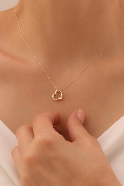 GENORO JEWEL 14 Ayar Altın Kadın Yandan İçi Boş Kalp Kolye