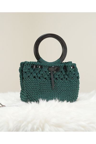 Randsac Green Crochet Handbag with Black Circular Handle and Leather Bow Detail