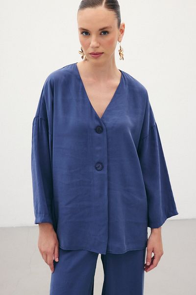 Sateen Kimono cu nasturi - Indigo