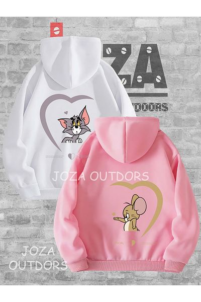 Jobia Outdoors Unisex Back Print Tom and Jerry Dear Couple Combination Design Hooded Sweatshirt Set of 2