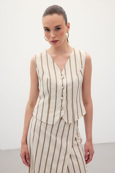 Sateen Striped Linen Blend Vest - Camel
