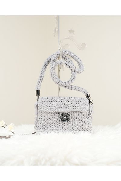 Randsac Gray Crochet Handbag with Decorative Button and Long Crochet Strap
