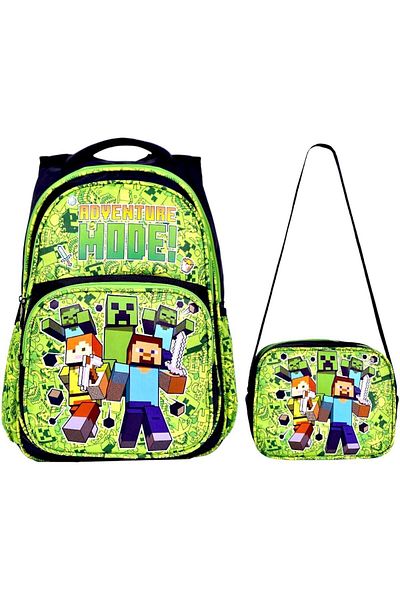 çantamgelsin Green Printed, Waterproof, Orthopedic Back Feature, Primary School Bag + Lunch Box