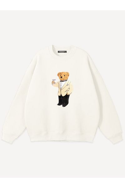 Mad&Calf Unisex Business Teddy Printed Crew Neck Oversize Sweatshirt