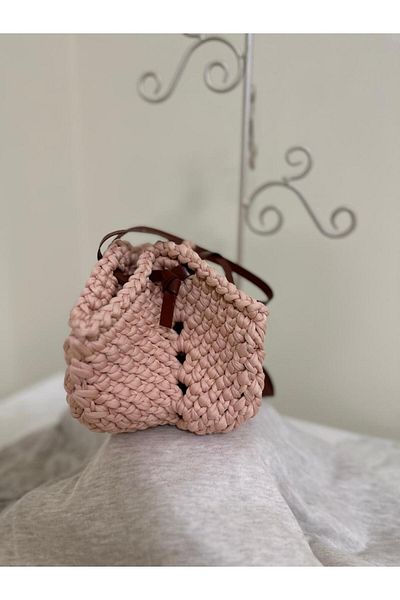Randsac Mini Blush Crochet Crossbody Pouch – Drawstring Design with Brown Leather Strap