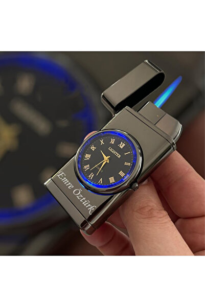 hediyesahibi Kişiye Özel Çift Yön Baskı Turbo Jet Işıklı Saatli Çakmak -Kutulu ve Hediye Paketinde