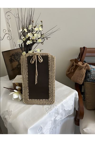 Randsac Beige Crochet Laptop Sleeve with Leather Accent and Tie Closure