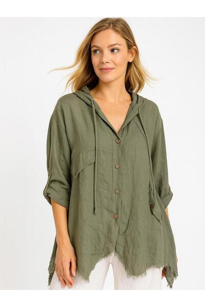 Butik İtalyan Keten Kapüşonlu Ceket - HAKİ