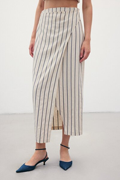 Sateen Çizgili Keten Etek - Lacivert