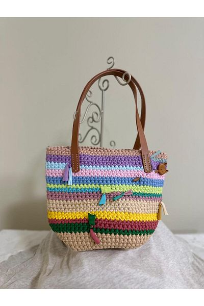 Randsac Colorful Striped Crochet Tote Bag – Handmade with Leather Handles and Tassel Accents