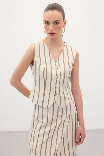 Sateen Striped Linen Blend Vest - Camel
