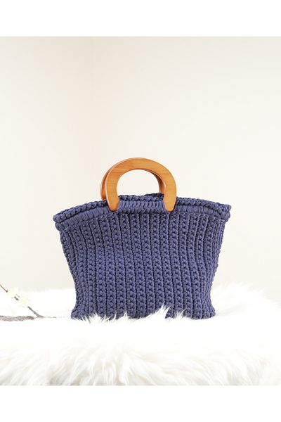 Randsac Dark Blue Crochet Handbag with Wooden Handle