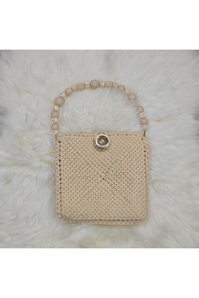 Randsac Beige Crochet Handbag with Beaded Handle and Button Closure