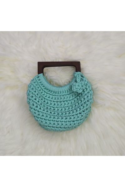 Randsac Aqua Blue Crochet Handbag with Wooden Handle and Flower Detail