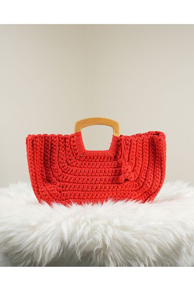 Randsac Red Wave Crochet Handbag with Wooden Handles