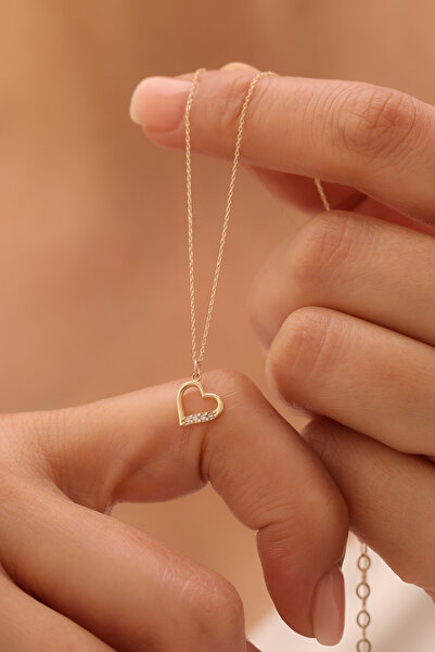 GENORO JEWEL 14 Ayar Altın Taşlı Minimal Kadın Kalp Kolye