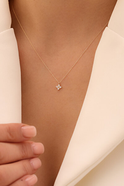 GENORO JEWEL 14 Ayar Altın Kadın Zarif Zirkon Taşlı Çiçek Kolye