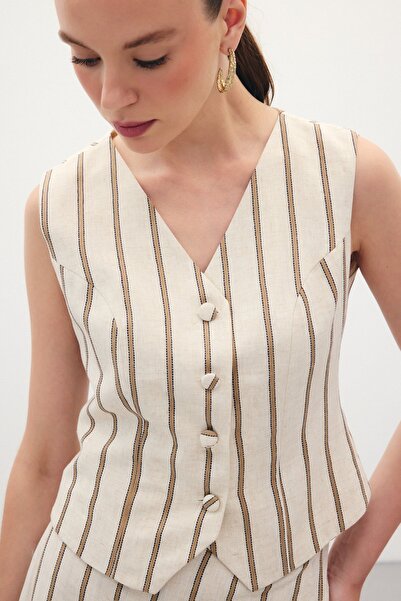 Sateen Смугастий жилет з суміші льону - Camel