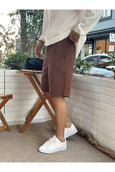 manch collection Βασικό λινό σορτς με κουμπιά καφέ